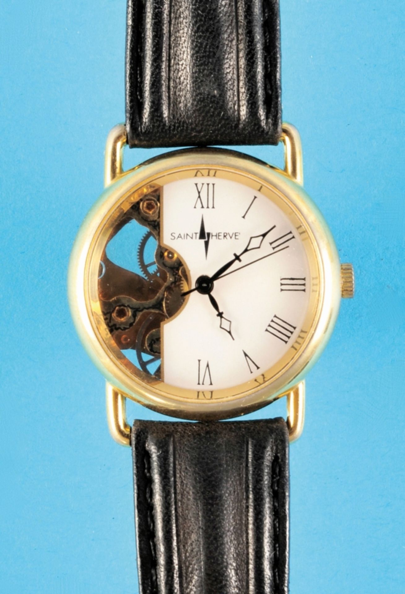 Gold-plated, partially skeletonised wristwatch with central second hand, Saint-Hervé,