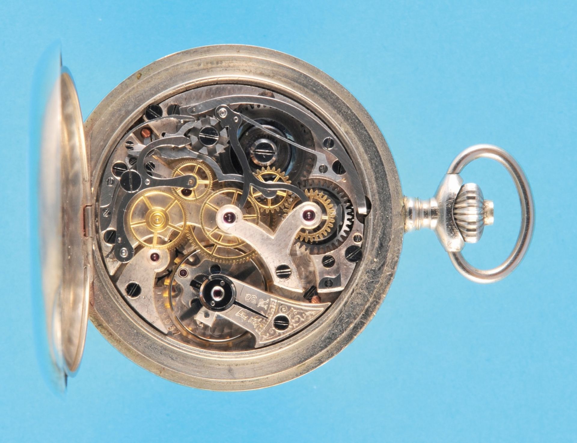 Nickel pocket watch with chronograph 30-minute counter, Minerva, smooth case,