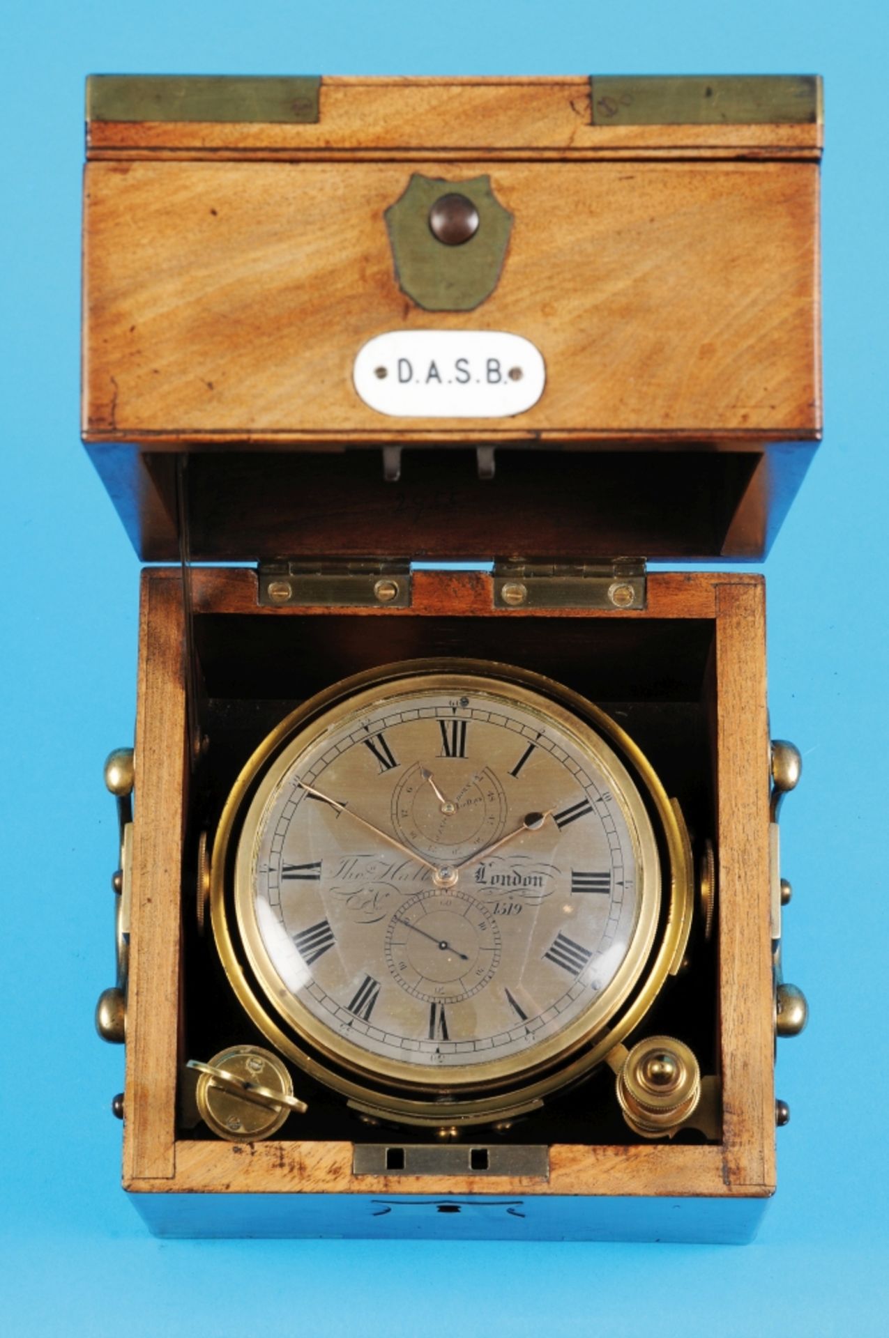 Small, early ship's chronometer, Thomas Hall, London, No. 1519, 3-piece wooden case.