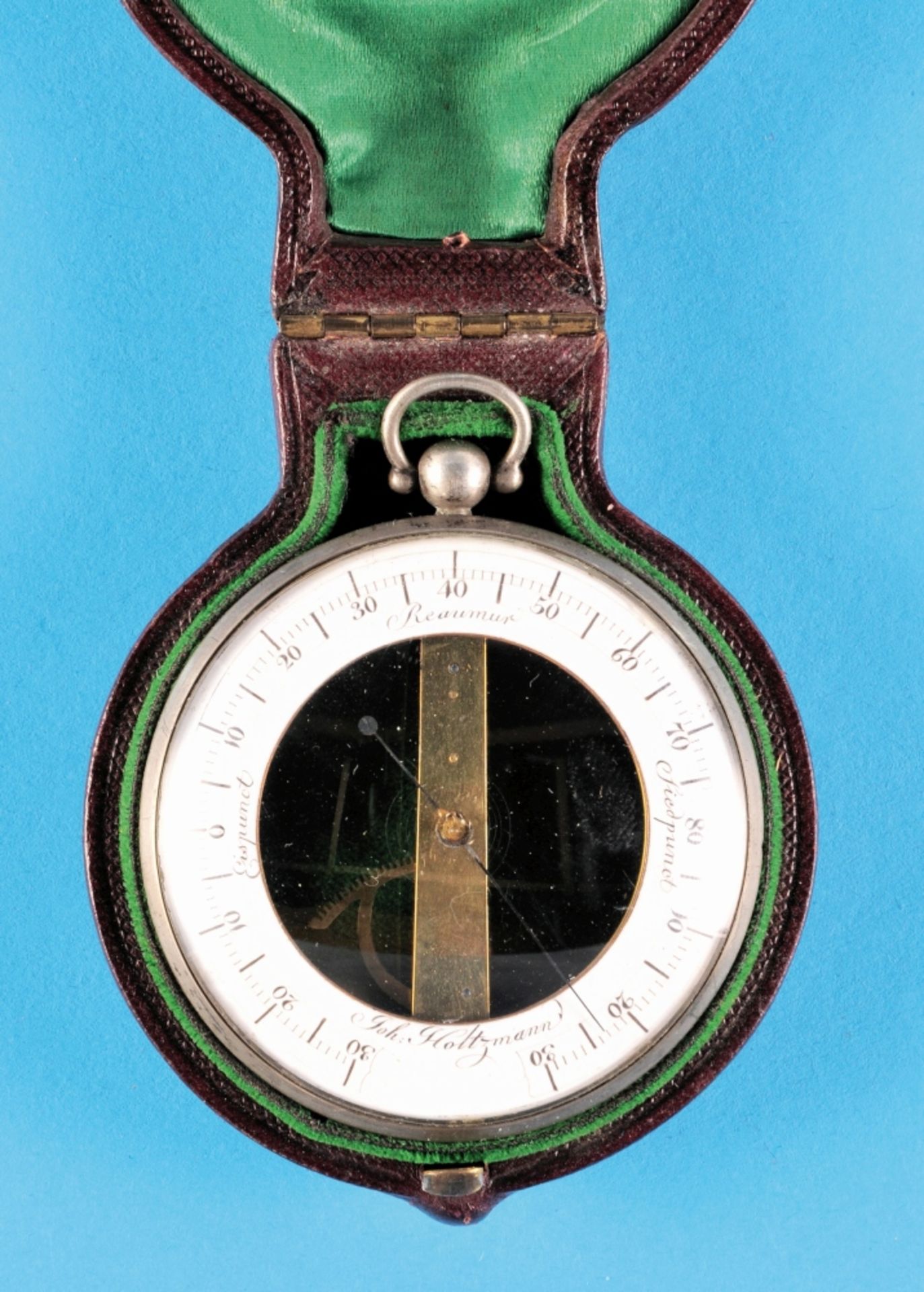 Thermometer in pocket watch shape with original case, sign. Johann Holtzmann 