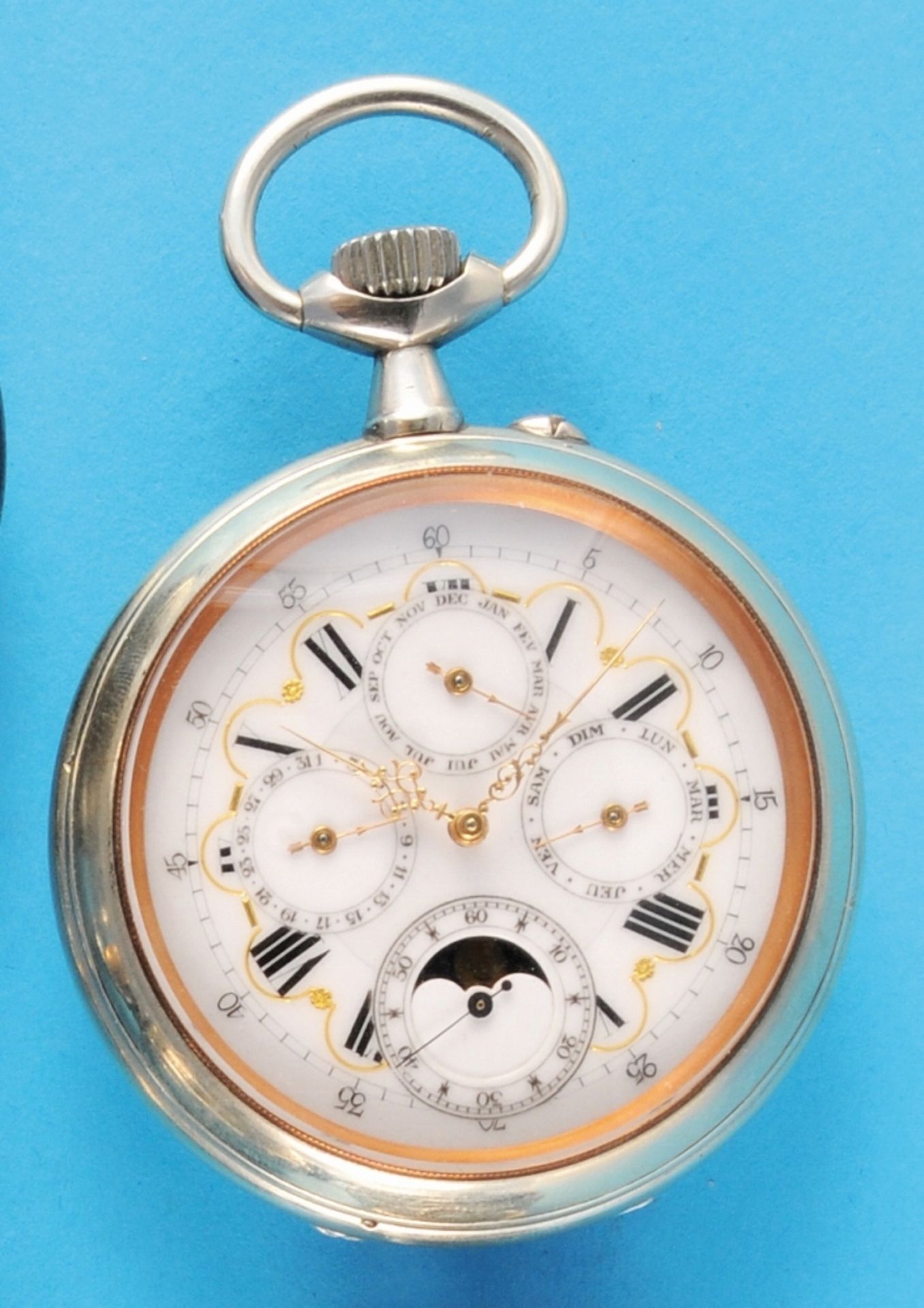 Large metal pocket watch in fine condition with moon phase calendar,