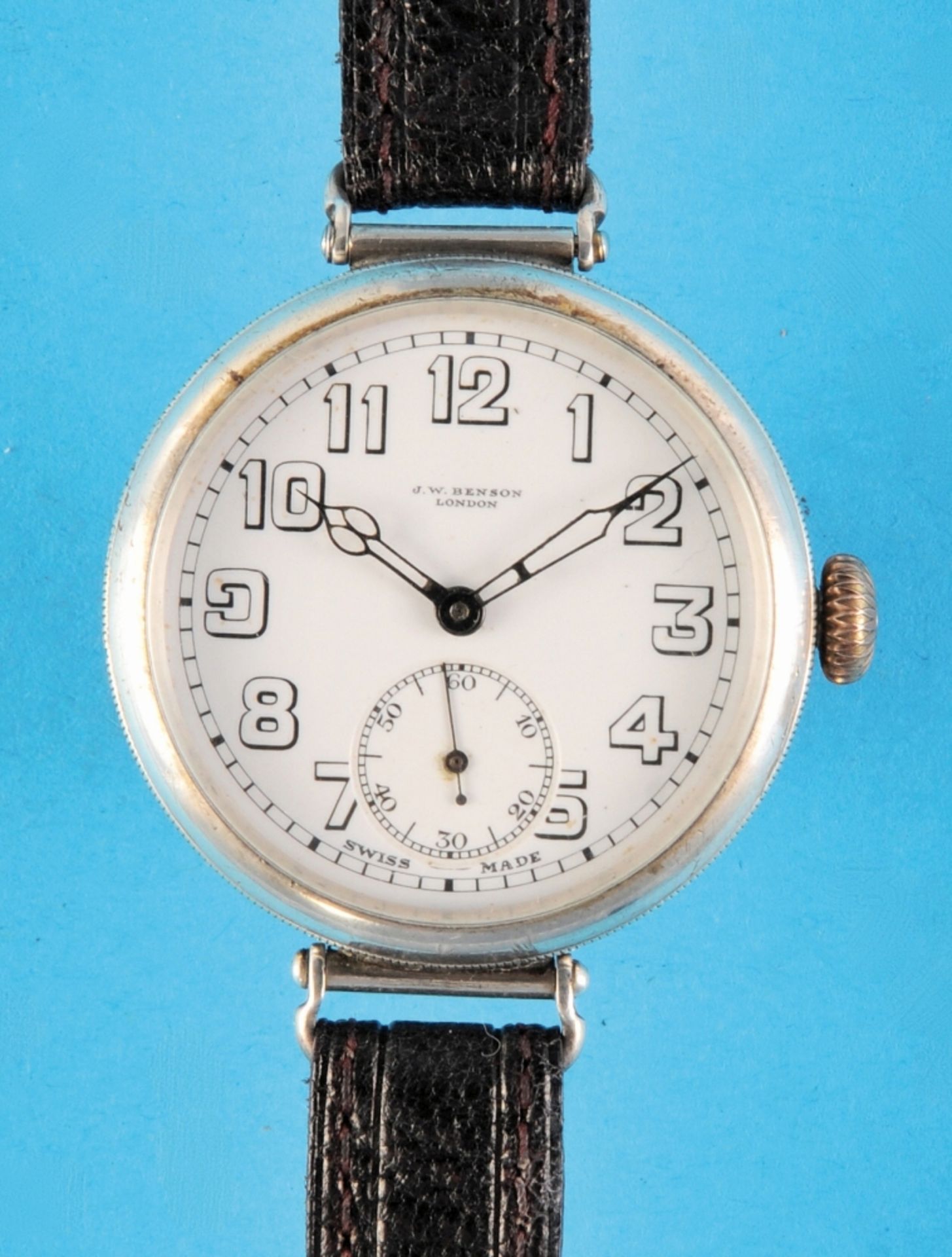 Early sterling silver wristwatch with moveable lugs and screw back, J.W.Benson, London, Swiss Made,