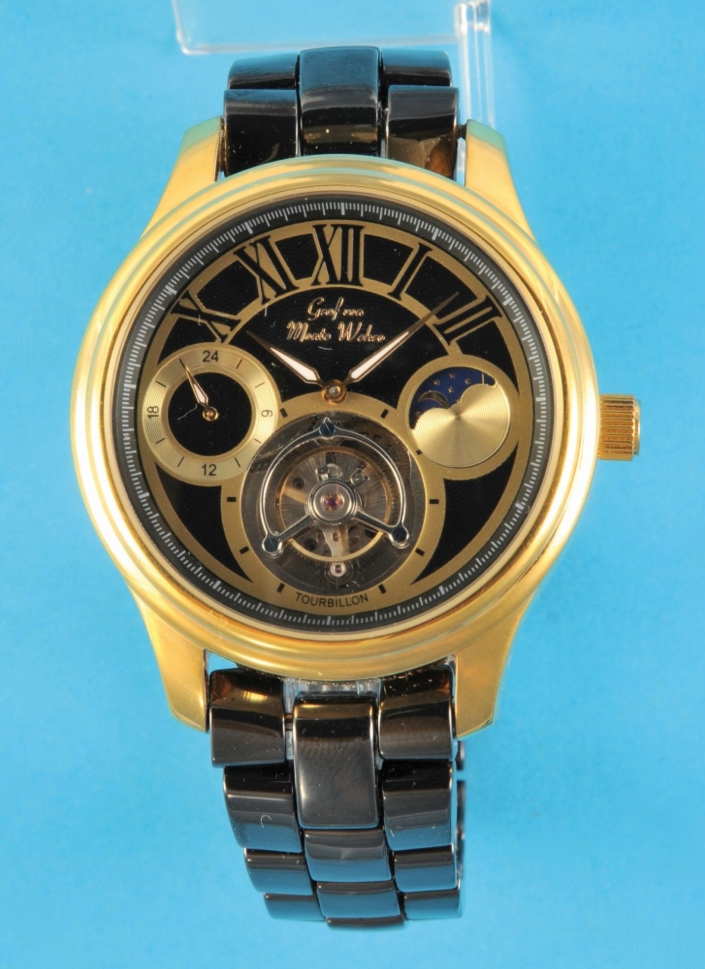 Large Graf von Monte Wehro "Toubillon" wristwatch with original case, gold-plated case with glass ba