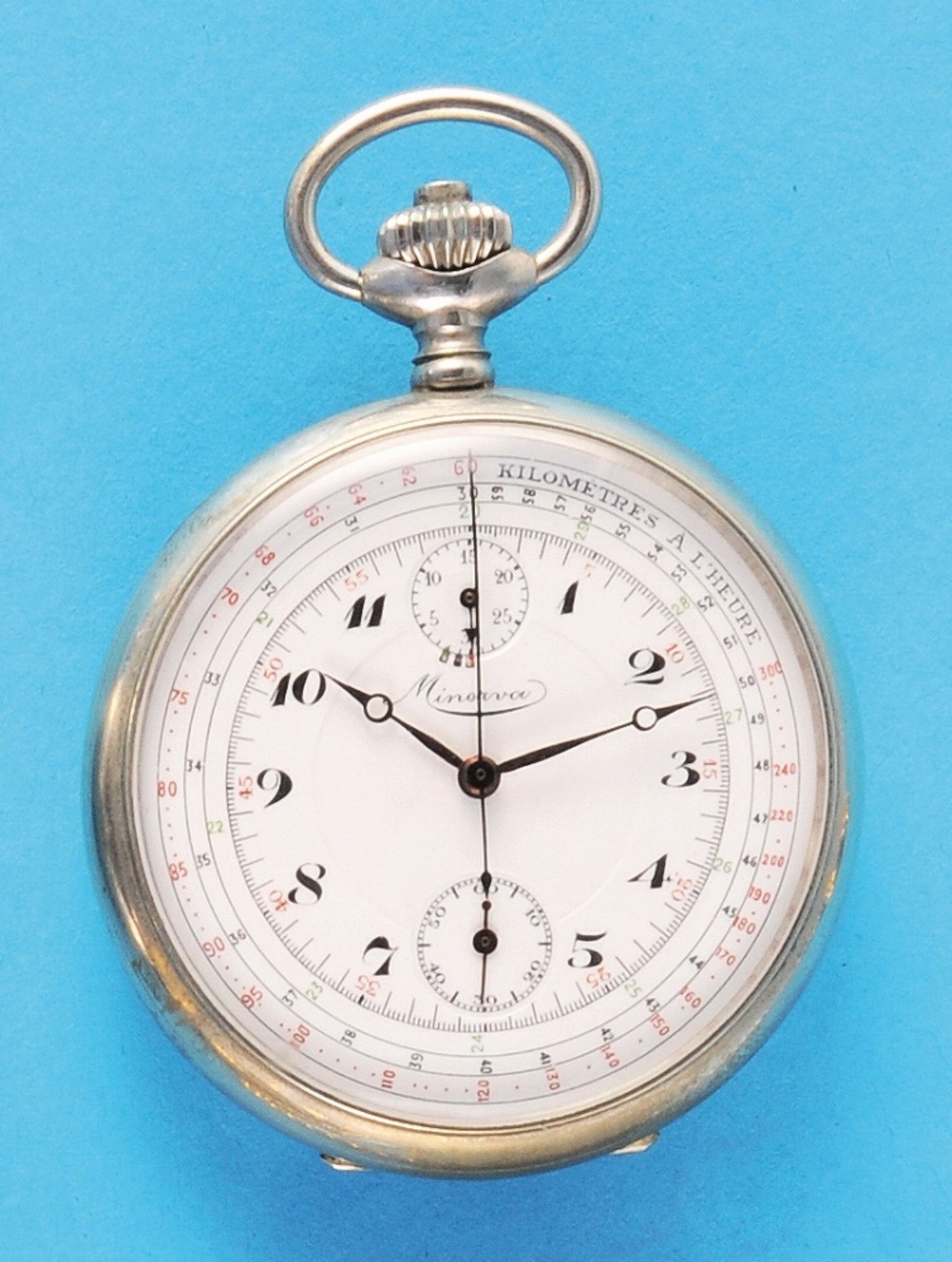 Nickel pocket watch with chronograph 30-minute counter, Minerva, smooth case, - Image 2 of 2