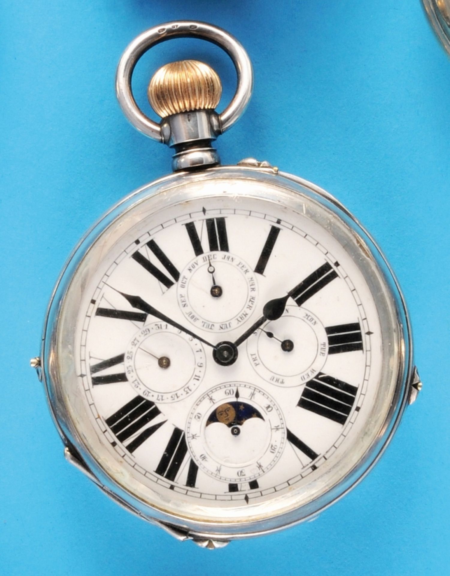 Large silver pocket watch with moon phase calendar, smooth case with monogram L.S., dedication of 18 - Image 2 of 2