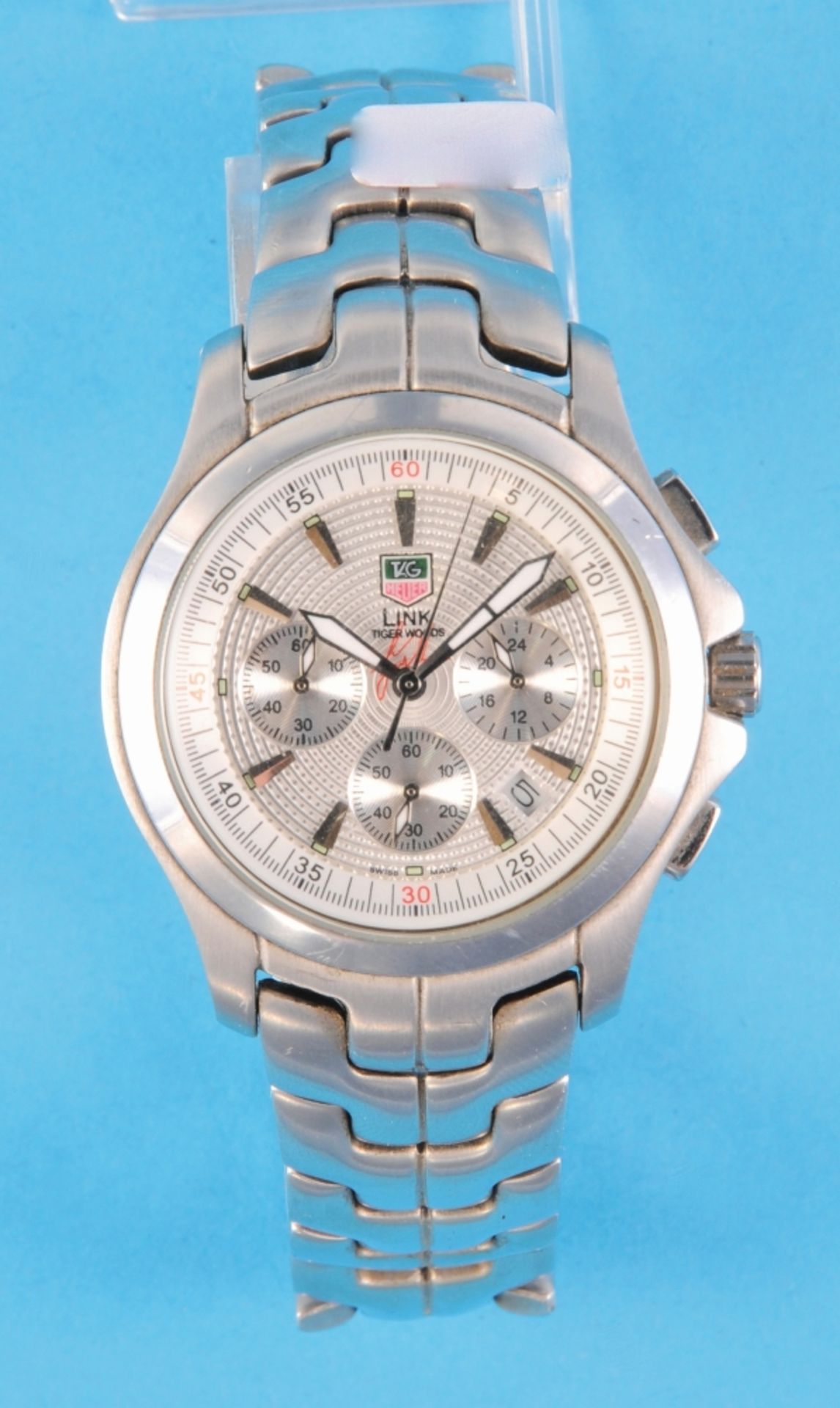 TAG-Heuer "Link" quartz wristwatch, Tiger Woods edition, steel case with screw-in back and steel lin