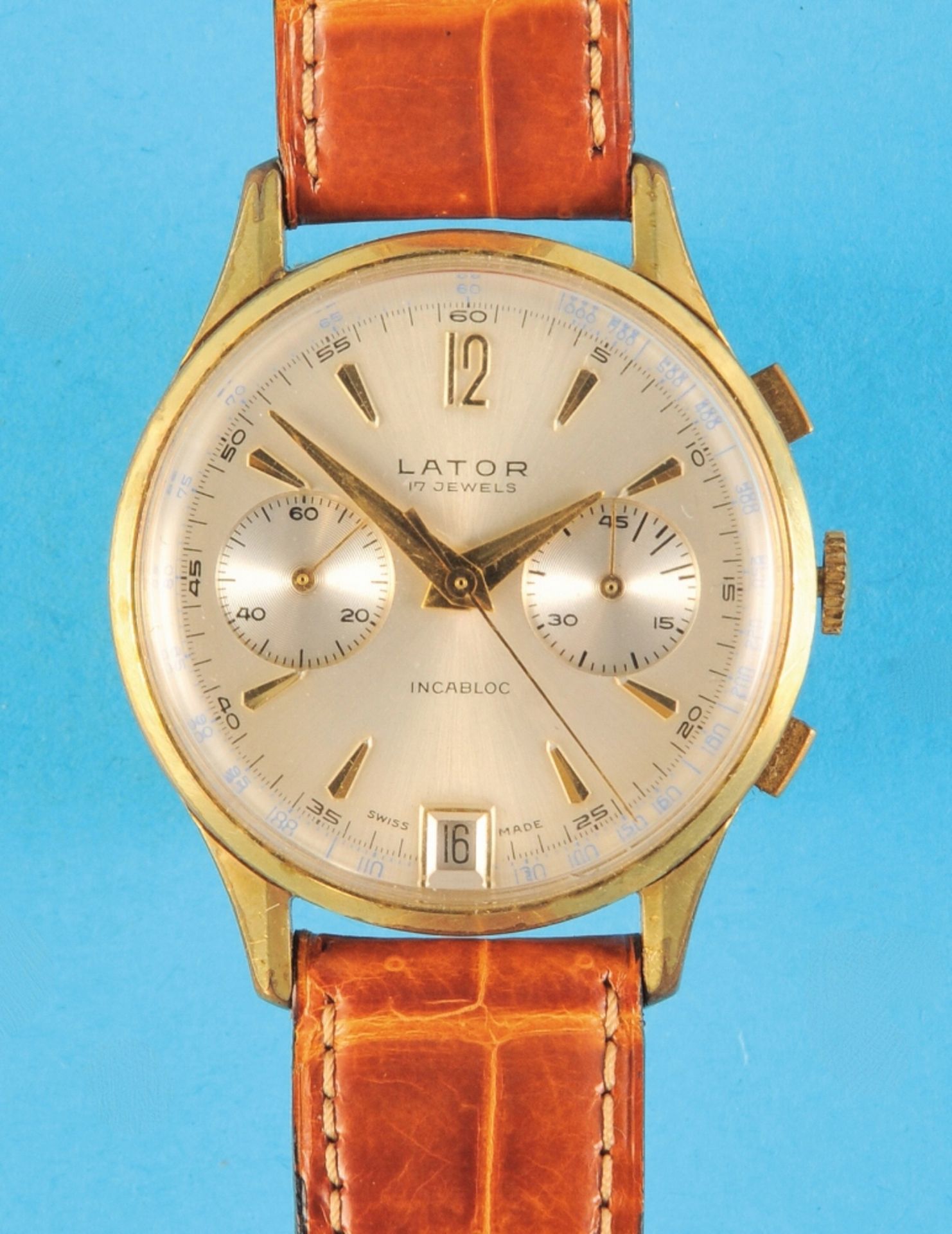 Lator Incabloc wristwatch with chronograph and 45-minute counter, cal. Landeron 189, 17 jewels, 1950