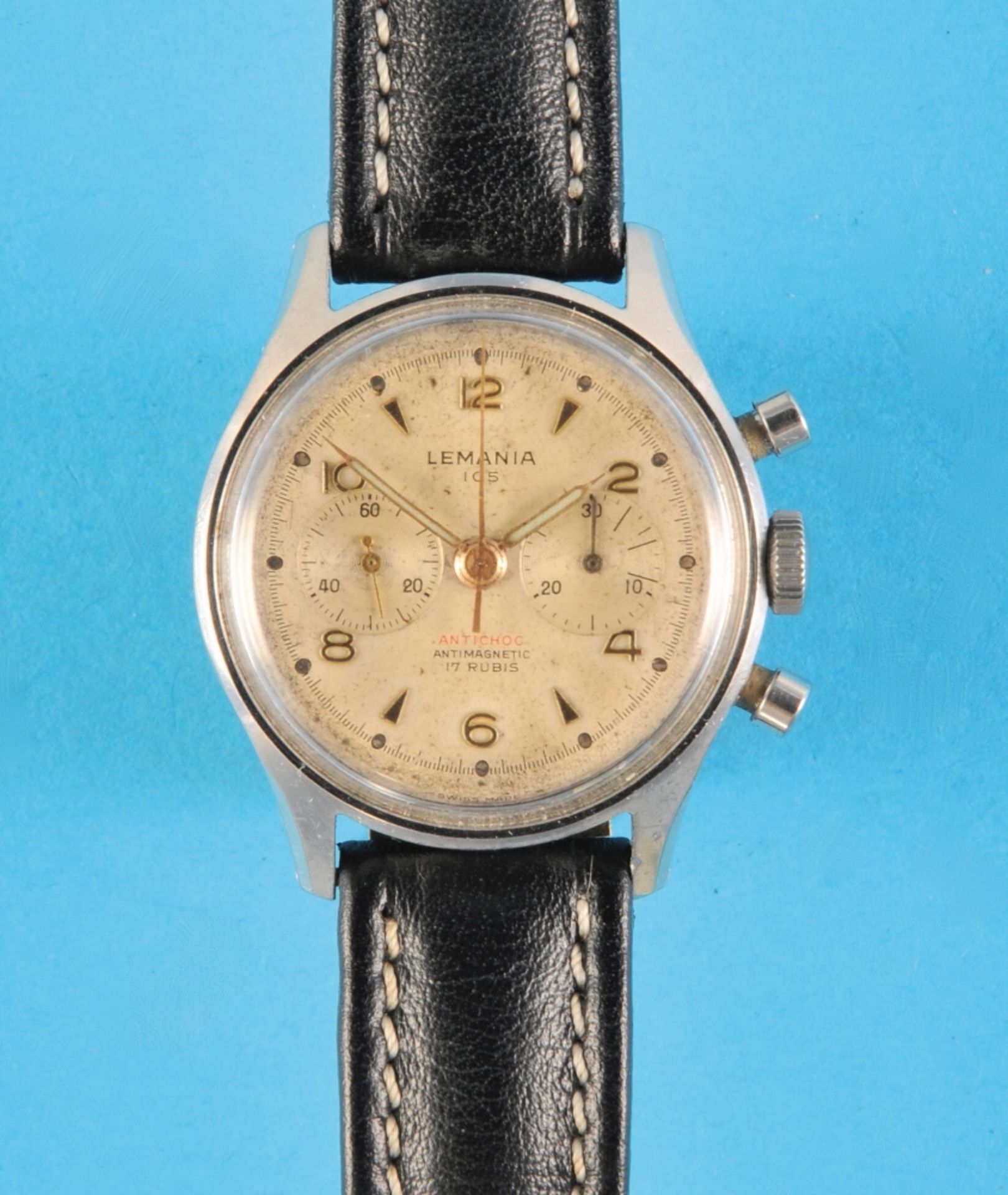 Lemania 105 Vintage wristwatch with chronograph and 30-minute counter, Antichoc, 