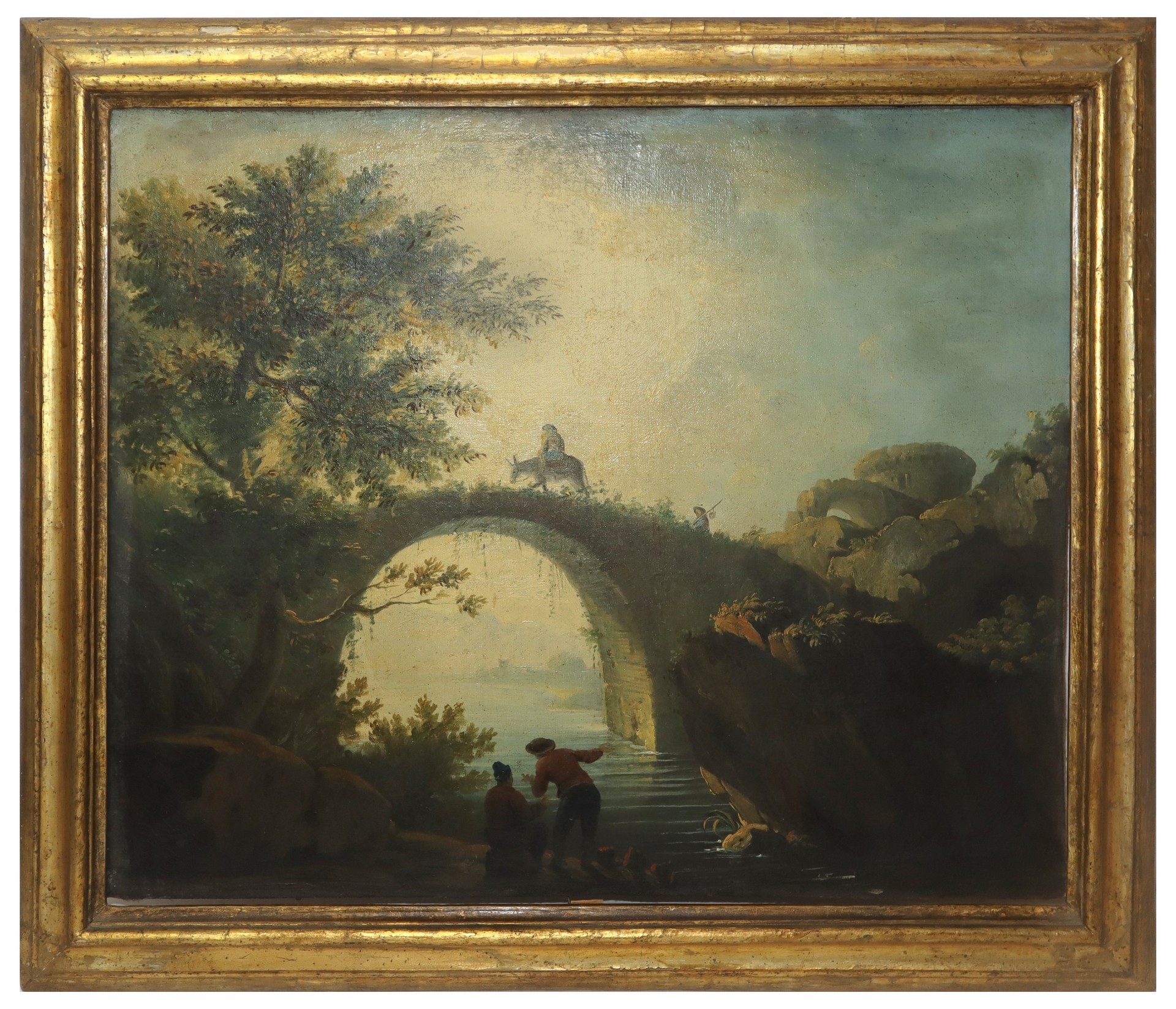 River landscape with character bridge and towers, Italian painter of the eighteenth century.