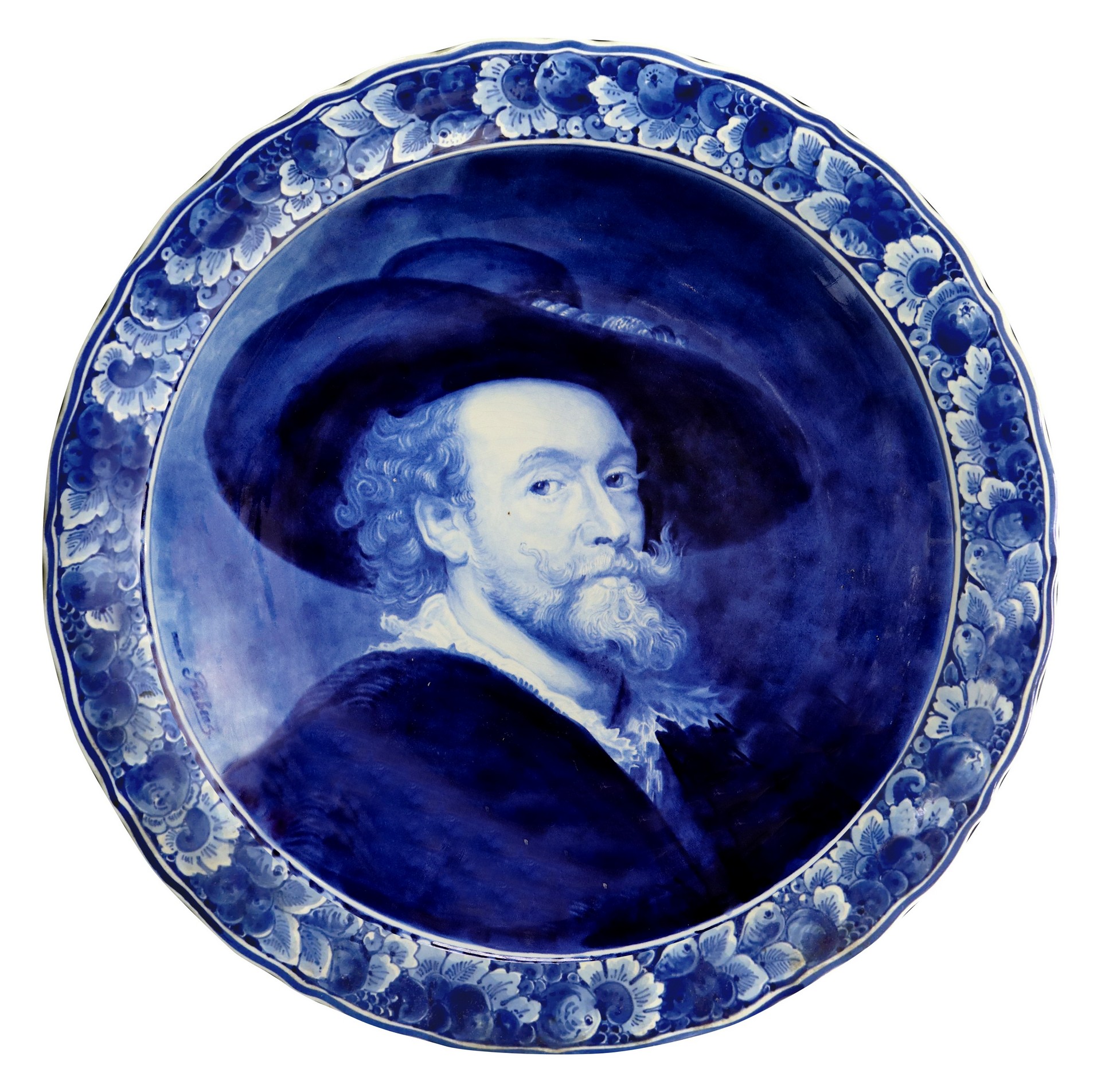 Koninklijke Porceleyne Fles - Large blue plate depicting a portrait of Rubens, 20th century