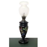 Majolica lamp in shades of black with flowers and bird, 20th century