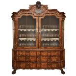 Important Dutch crystal cabinet entirely inlaid, with two upper doors with glass and six drawers at