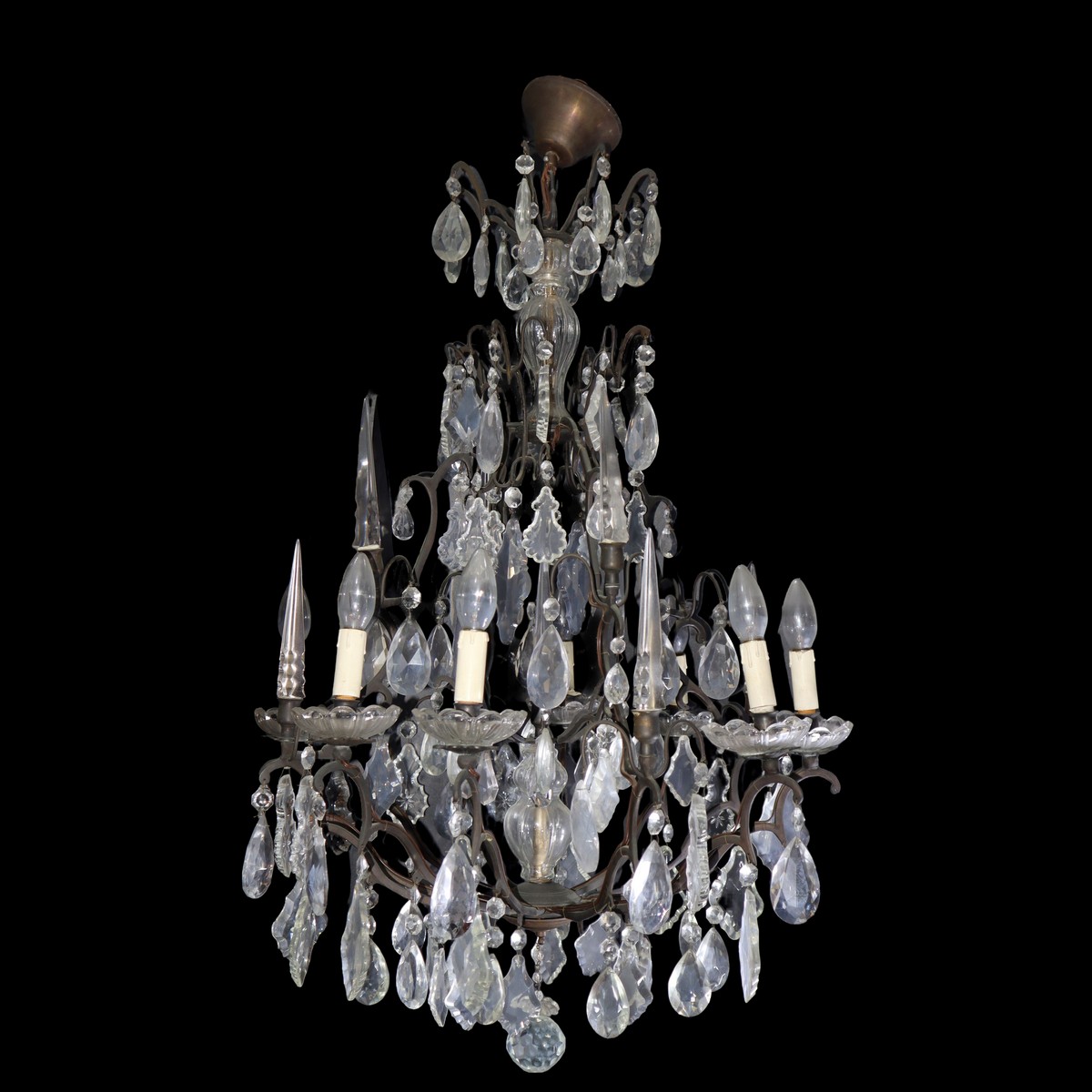 Chandelier with metal structure, hand-cut glass toasts, 8 lights, Early 20th century
