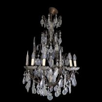 Chandelier with metal structure, hand-cut glass toasts, 8 lights, Early 20th century