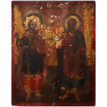 Byzantine icon depicting saints Cosmas and Damian, Late 18th century