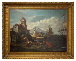 Ships docked at the port with characters, 18th century