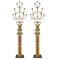 Ancient pair of 10-light candelabra on polychrome columns lacquered in imitation marble, Sicily, 18t