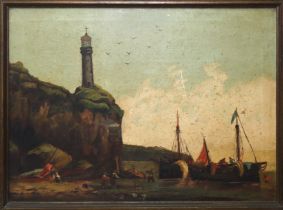 Boats with lighthouse and characters, nineteenth century