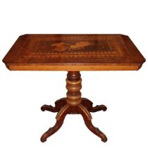 Sorrento table with rounded corners. Richly inlaid with contrasting geometric woods, in the center a