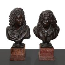 Ferdinand Barbedienne (1810-1892) - N. two busts depicting Molière and Richelieu, dark patinated br
