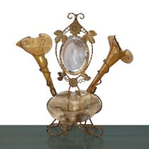 Brass flower holder with mirror and Murano glass glasses, nineteenth century