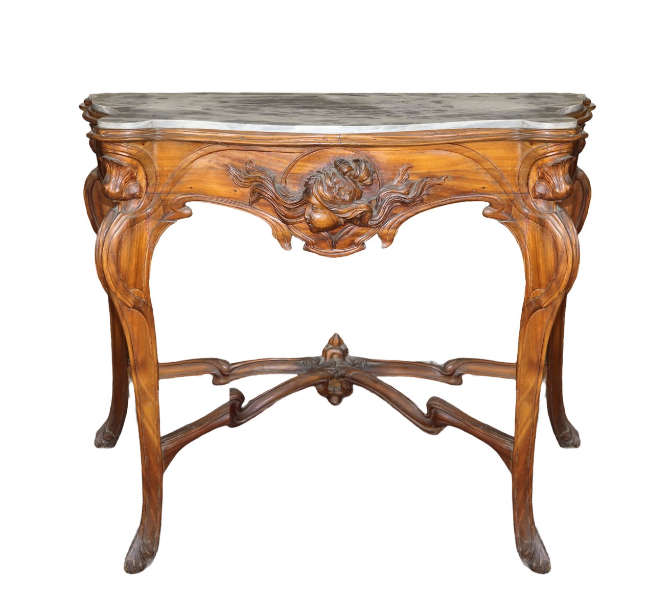 Liberty console in walnut wood, bardiglio gray marble on the top, Early 20th century