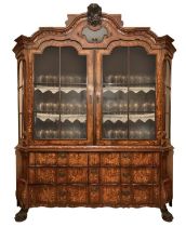 Important Dutch glass cabinet entirely inlaid, with two upper doors with glass and six drawers at th