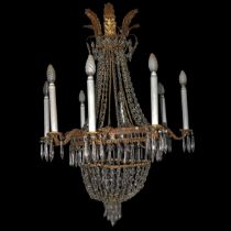 8-light nymph chandelier, in golden brass, with leaves and toasts, 19th century