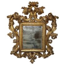 Baroque scrap mirror in gilded leaf wood, silver and mixture, Sicily, 17th century