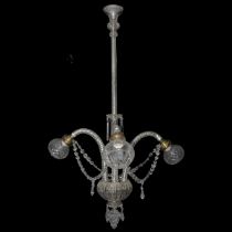 Three-light chandelier with twisted glass stem and arms, Early 20th century