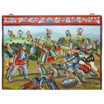 Fighting scene between Paladins and Saracens, signed Domenico Di Mauro, Oil painted panel