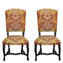Pair of Louis XIV chairs, baroque, upholstered in damask in shades of burgundy and yellow., early 18