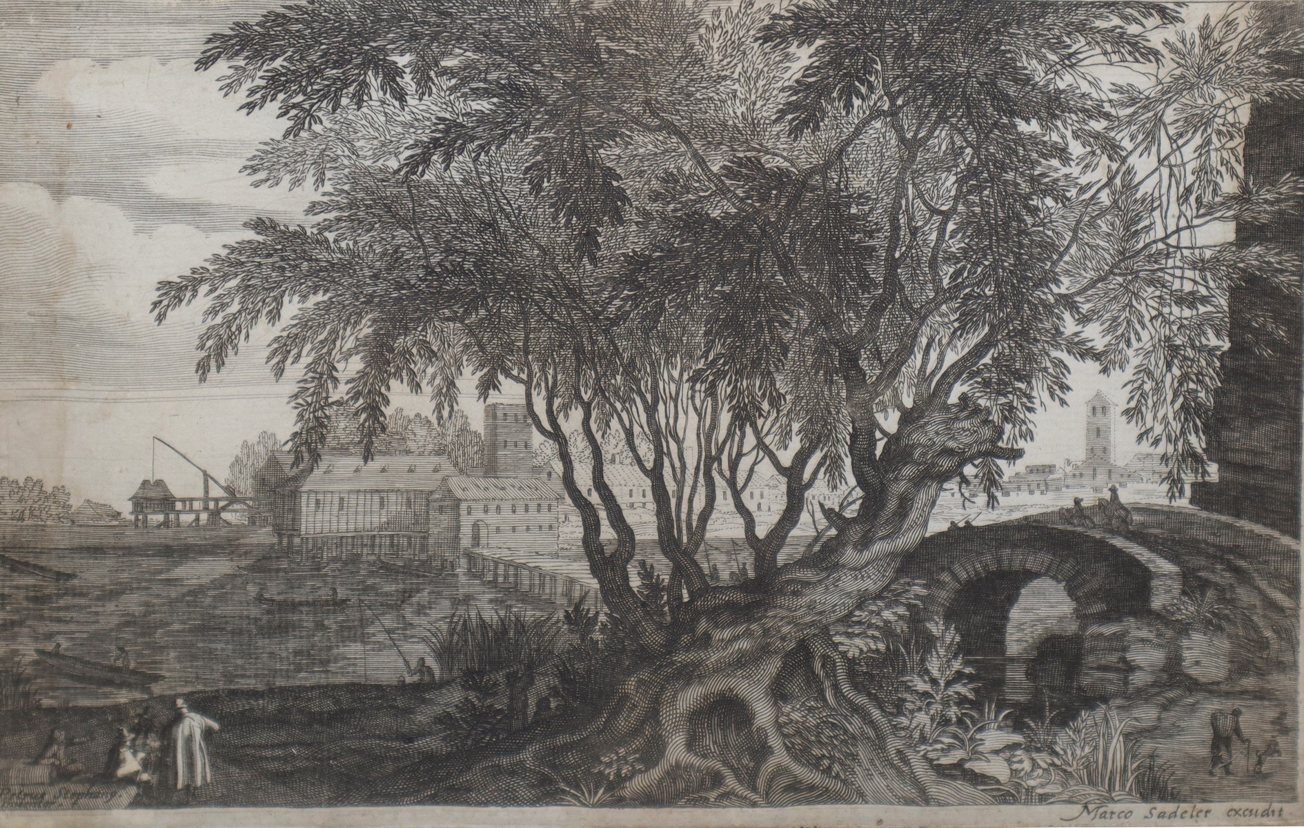 Marco Sadeler (Belgio 1614-1660) - River landscape with tree and characters In a wooden frame pai - Image 2 of 4