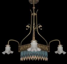 Liberty chandelier with 5 lights, central glass light with round fringe, tulip glass lights, Early 2