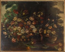 Composition of flowers in basket and vase, 19th century painter