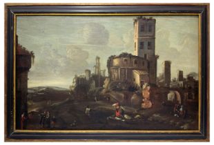 Tower with architectural ruins and characters, 18th century