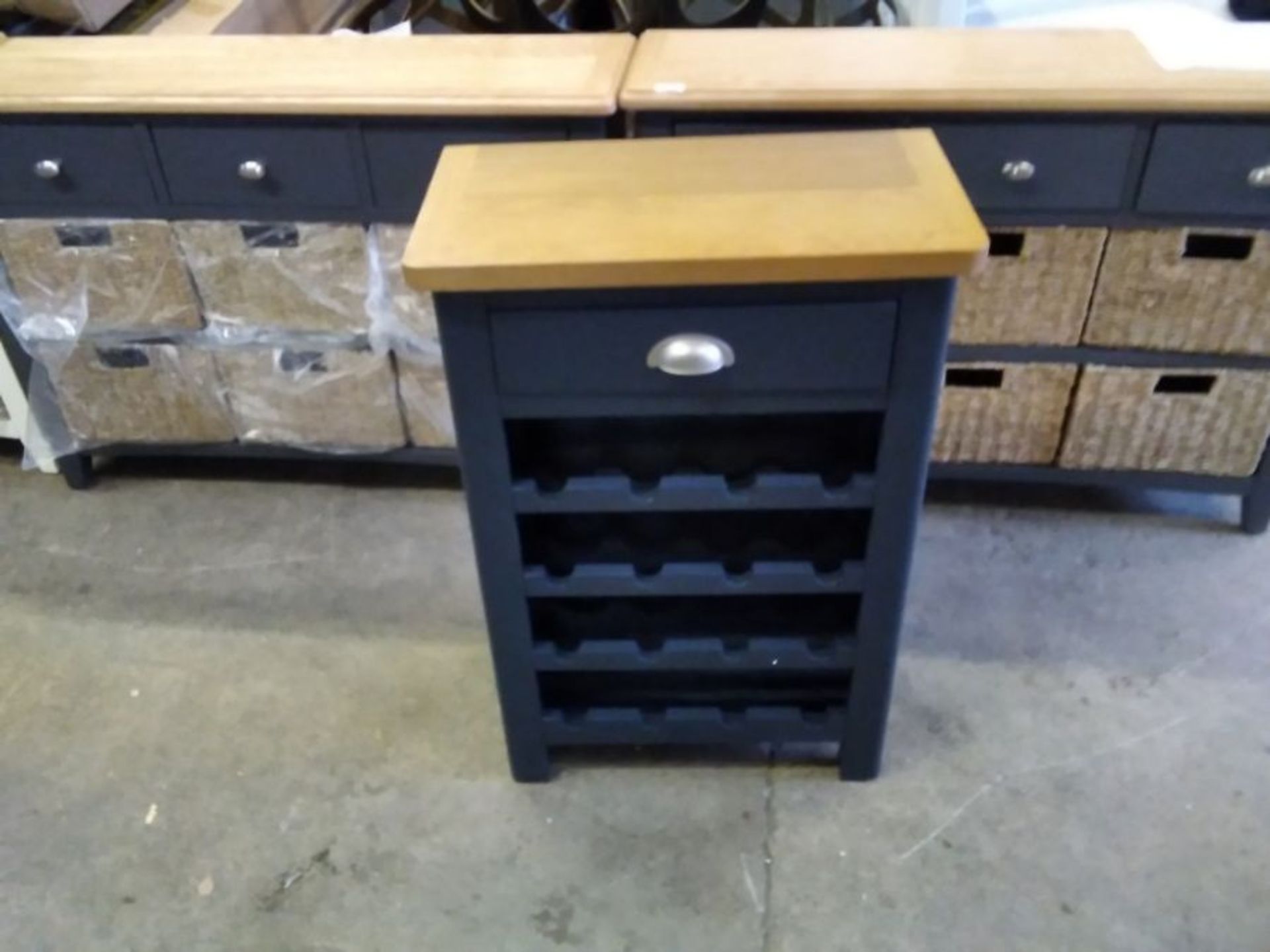 RUTLAND BLUE PAINTED AND OAK WINERACK UNIT