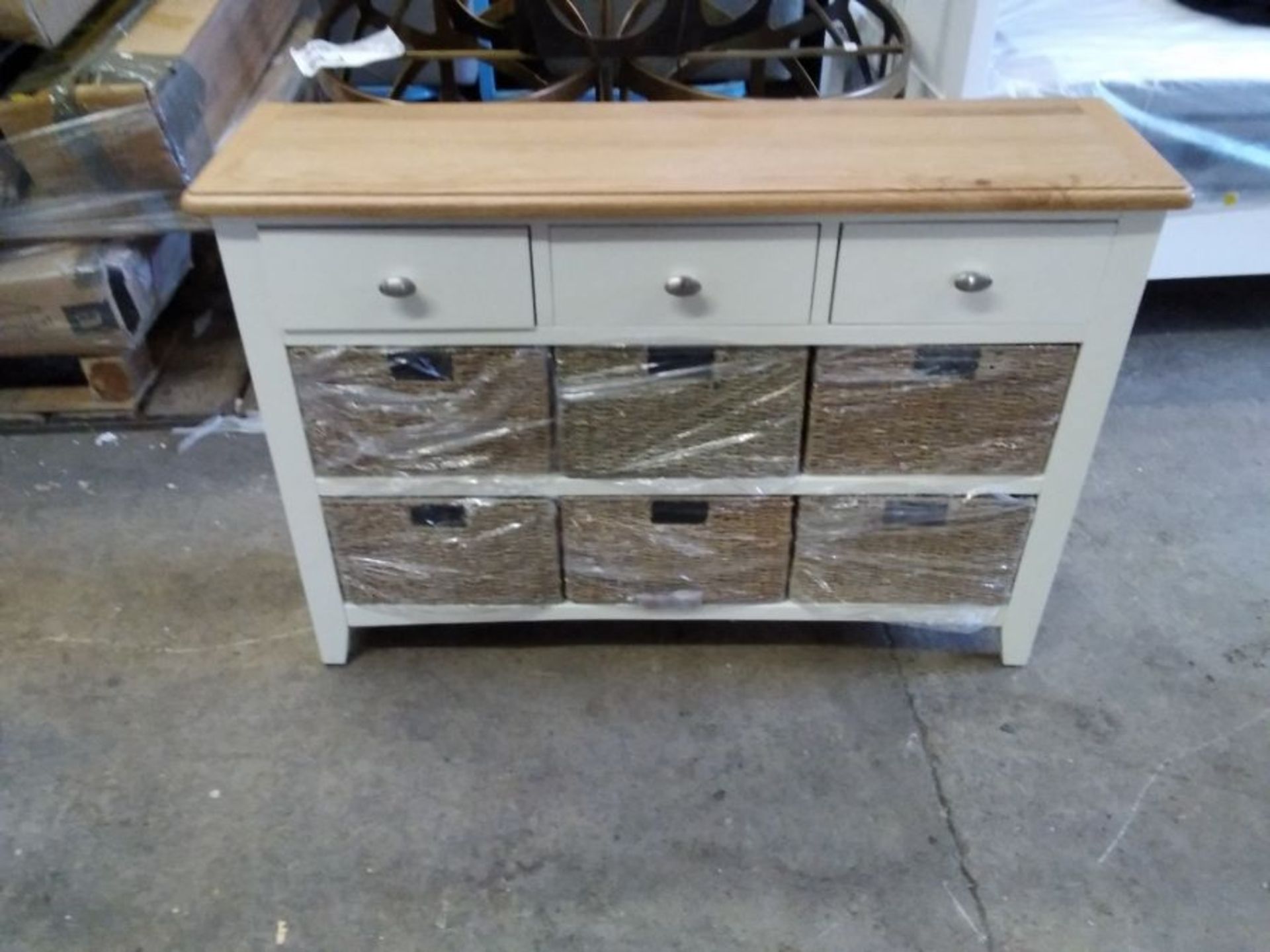 GLOUCESTER IVORY AND OAK PAINTED 3 DRAWER 6 BASKE