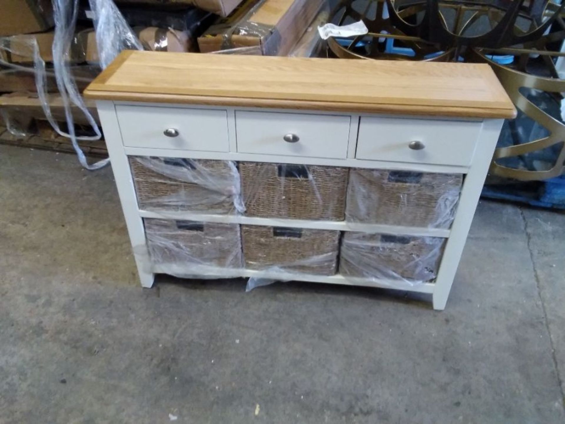 GLOUCESTER IVORY AND OAK 3 DRAWER 6 BASKET CHEST