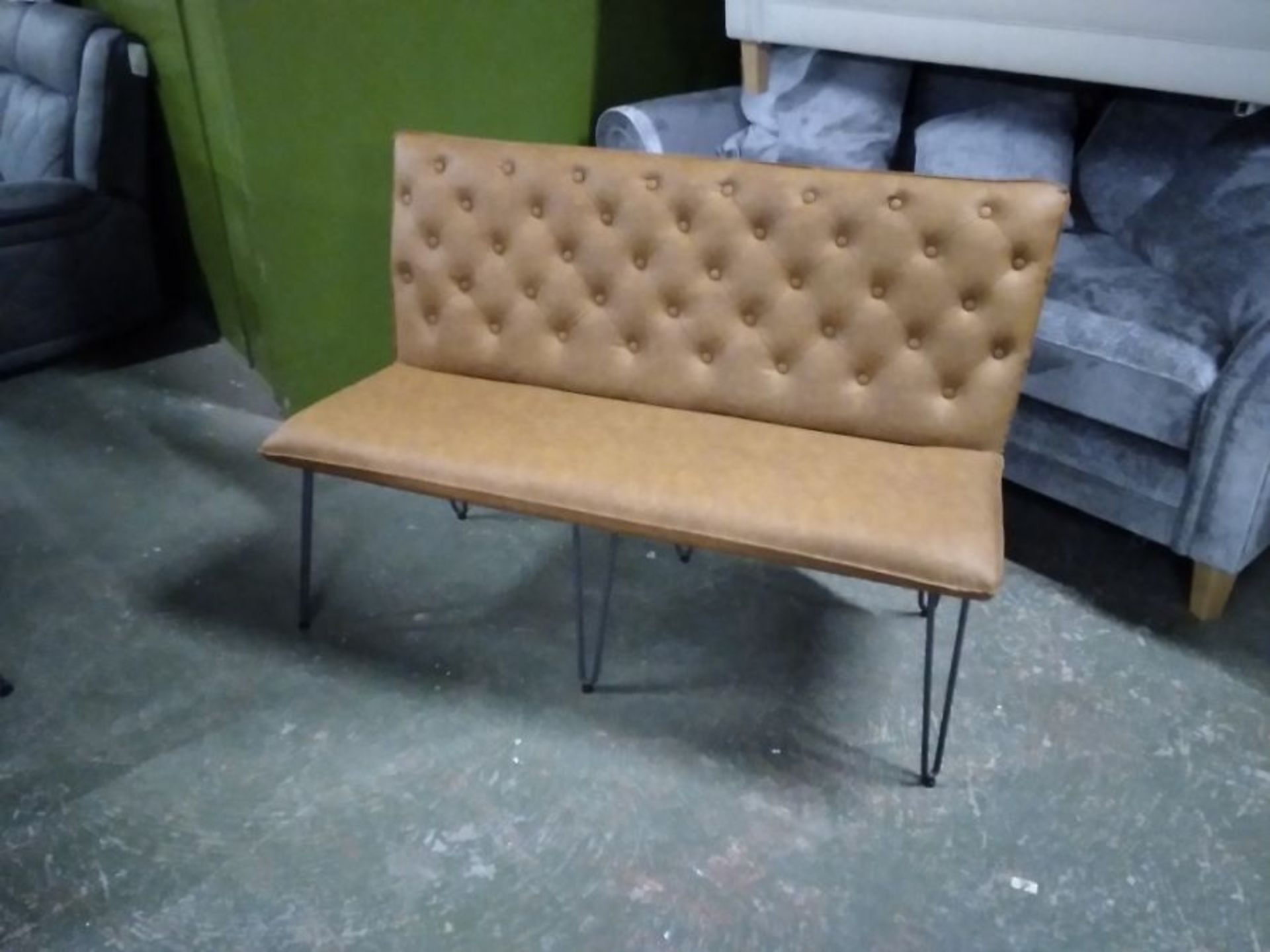 INDUSTIRAL TAN LEATHER 140CM BUTTON BACK BENCH