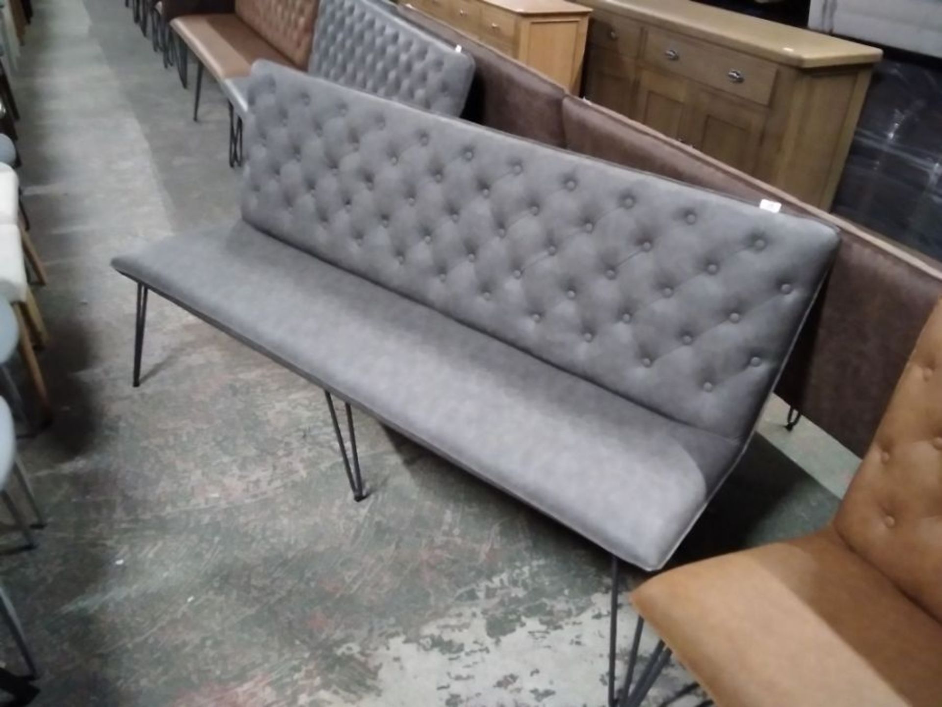 INDUSTIRAL GREY LEATHER 180CM BUTTON BACK BENCH
