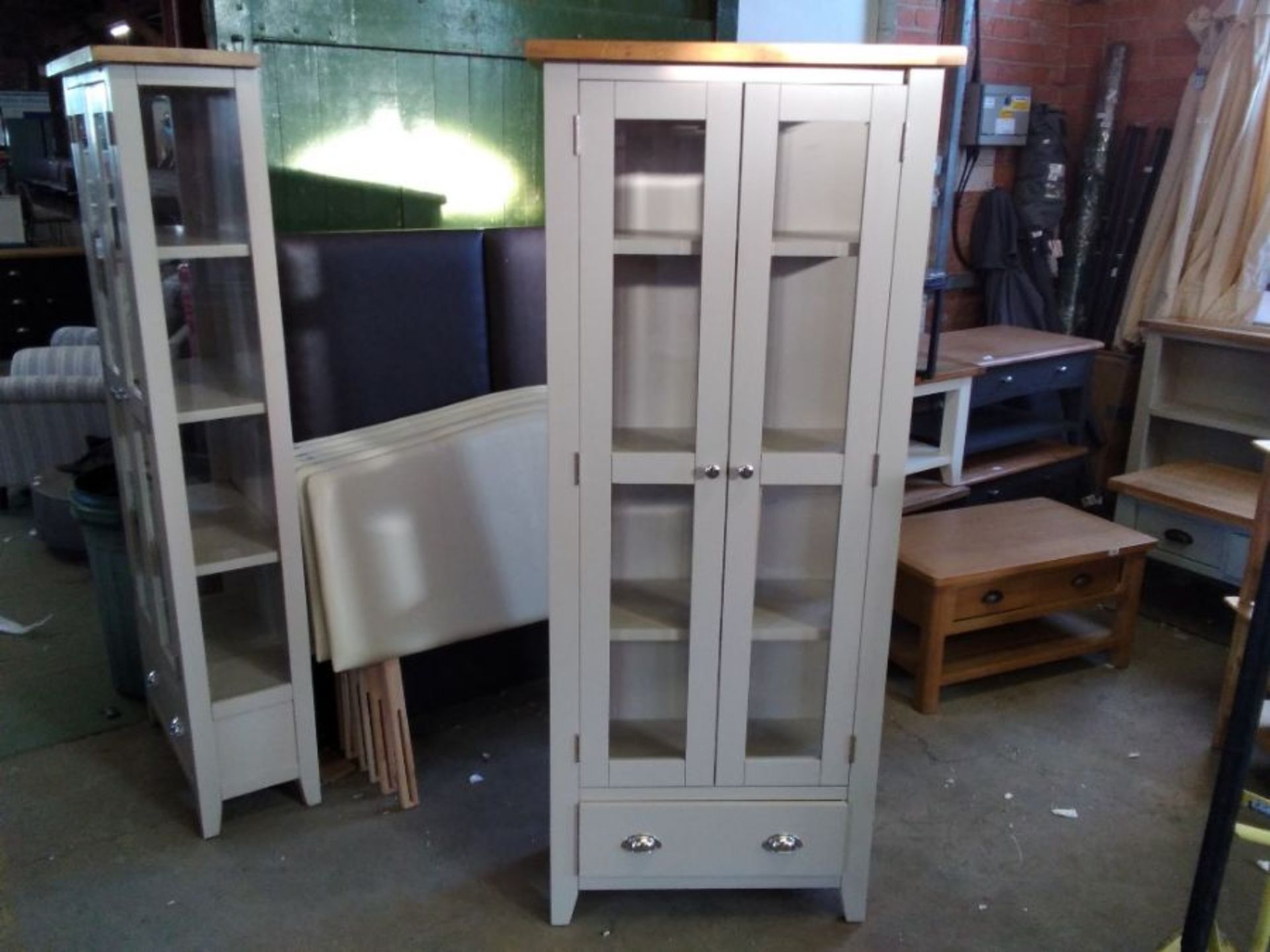 CHESTER PAINTED AND OAK GLASS DISPLAY UNIT (DAMAGE