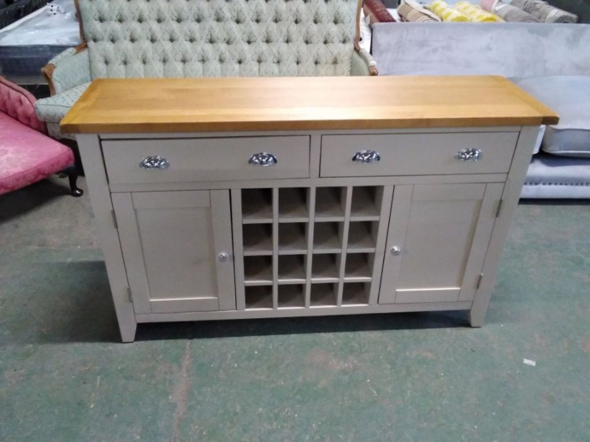 CHESTER PAINTED AND OAK WINE RACK SIDEBOARD (HEAVY DAMAGE)