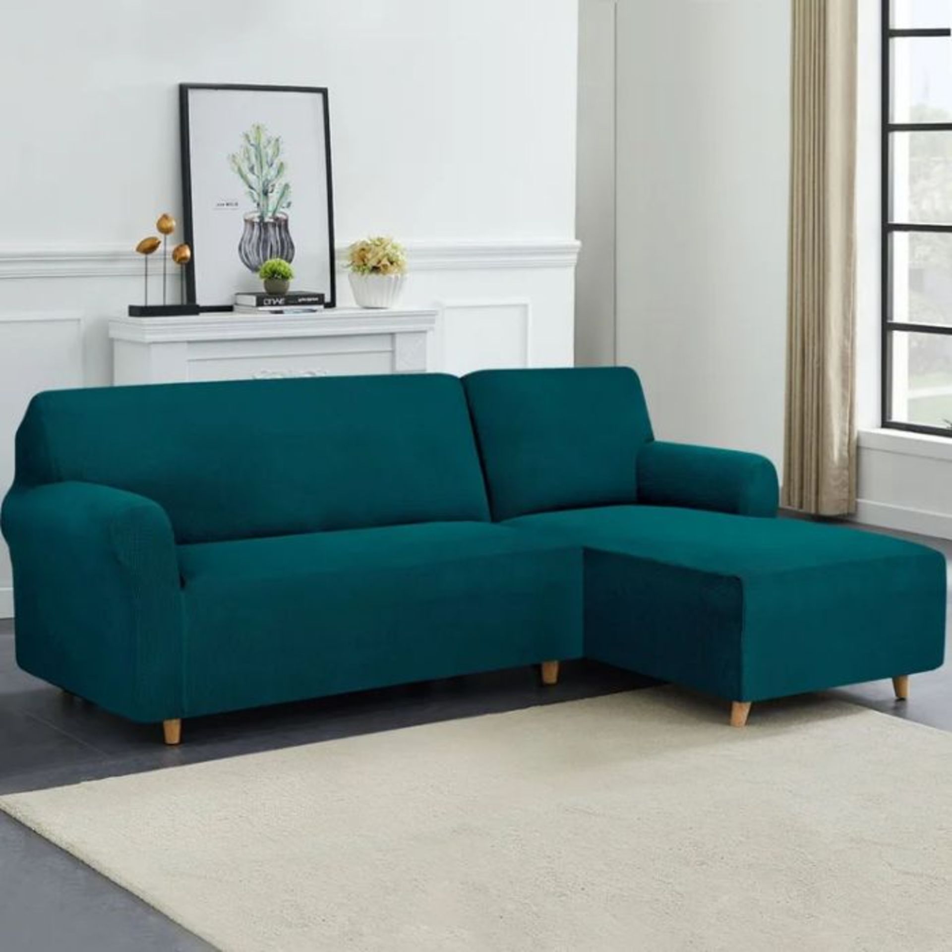 17 Stories, Textured Grid Soft Stretchy Right Chaise L-Shaped Sofa Slipcover (TEAL) (105cm H X 290cm