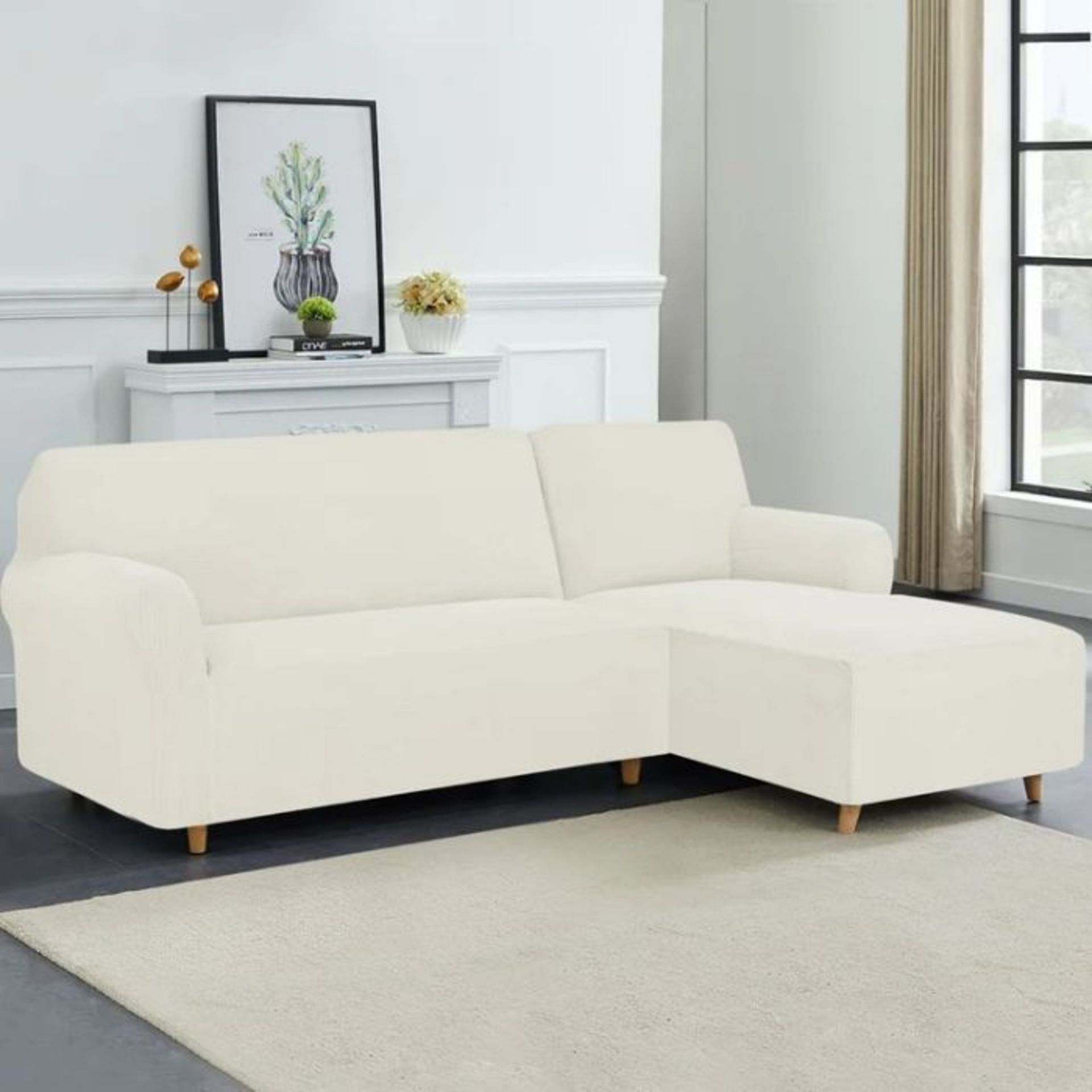 17 Stories, Textured Grid Soft Stretchy Right Chaise L-Shaped Box Cushion Sofa Slipcover (WHITE) (