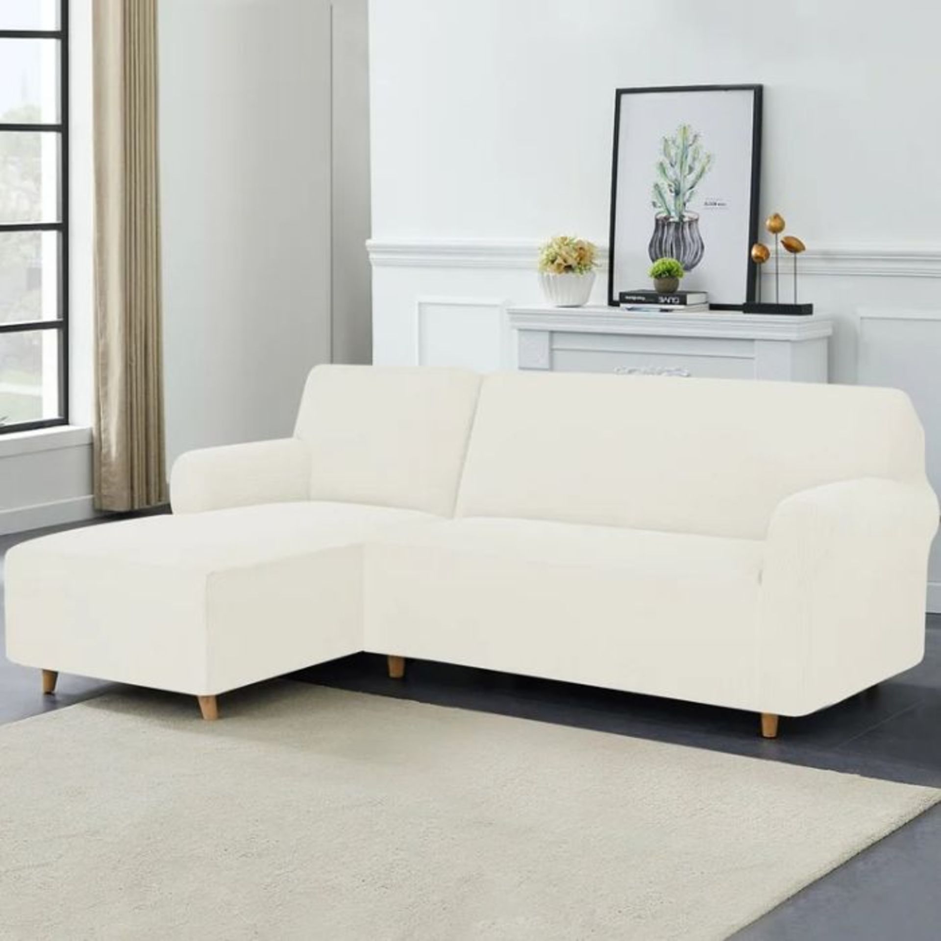 Rosalind Wheeler, Textured Grid Soft Stretchy Left Chaise L-Shaped Sofa Slipcover (WHITE) (105cm H X