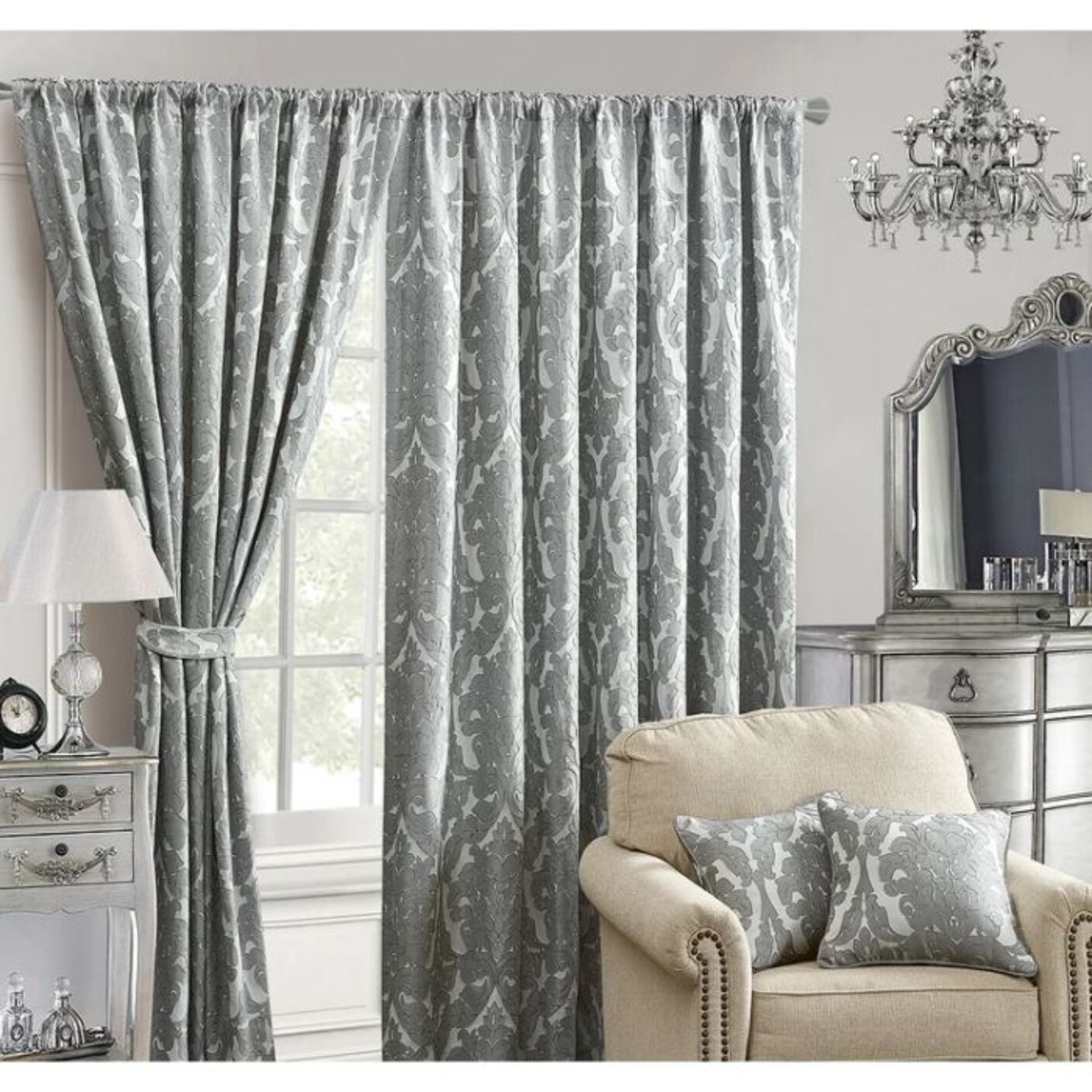 Mercer41, Ready Made Jacquard Curtains Fully Lined Pencil Pleat Door Windows Curtains (SILVER) (SIZE