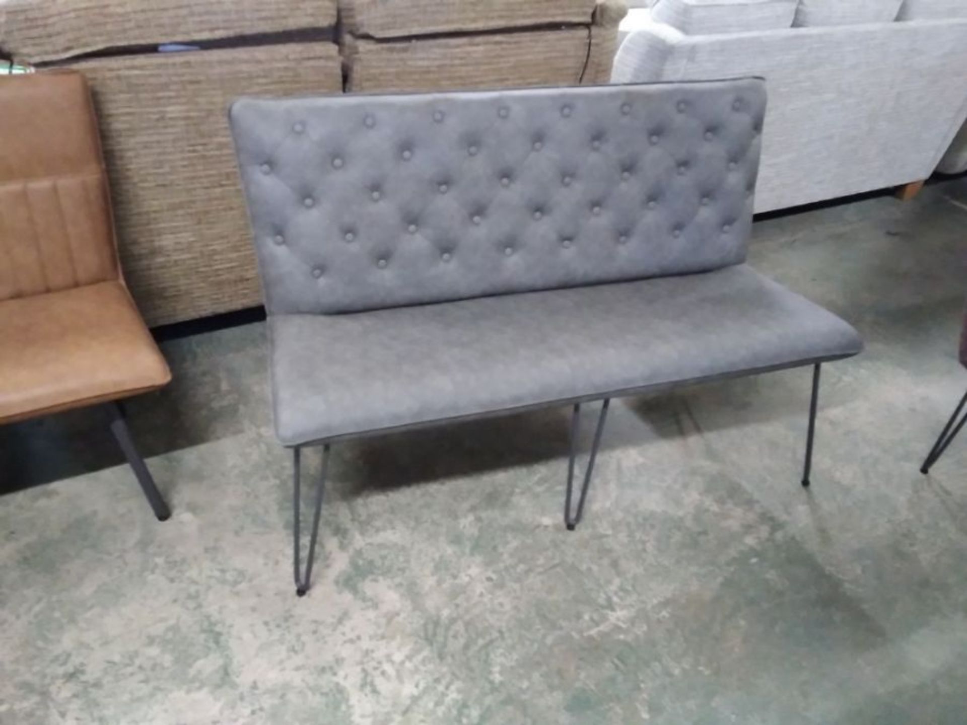 INDUSTRIAL GREY LEATHER 140 CM BUTTON BACK BENCH