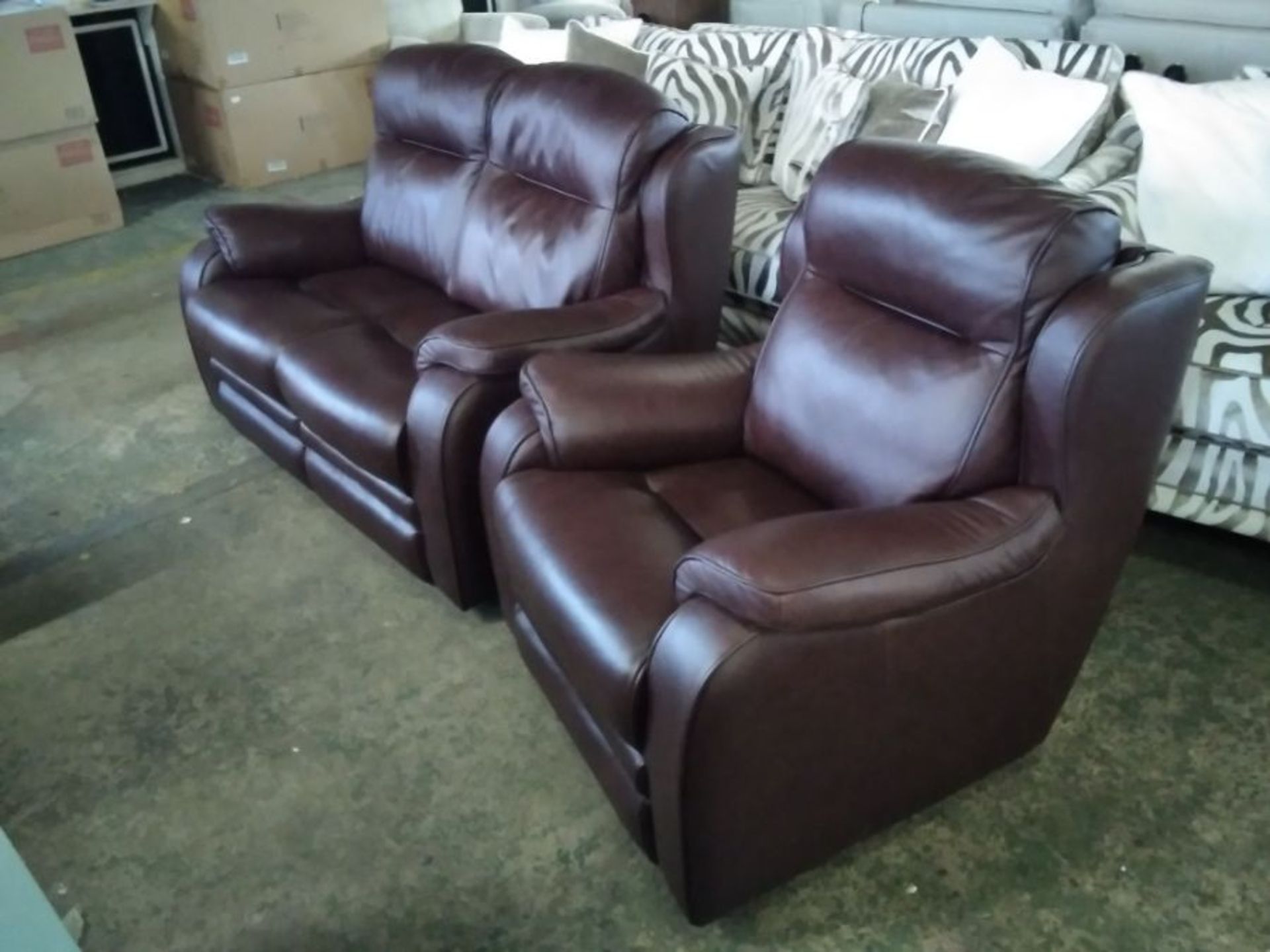 BROWN LEATHER HIGH BACK 2 SEATER AND CHAIR(TROO290