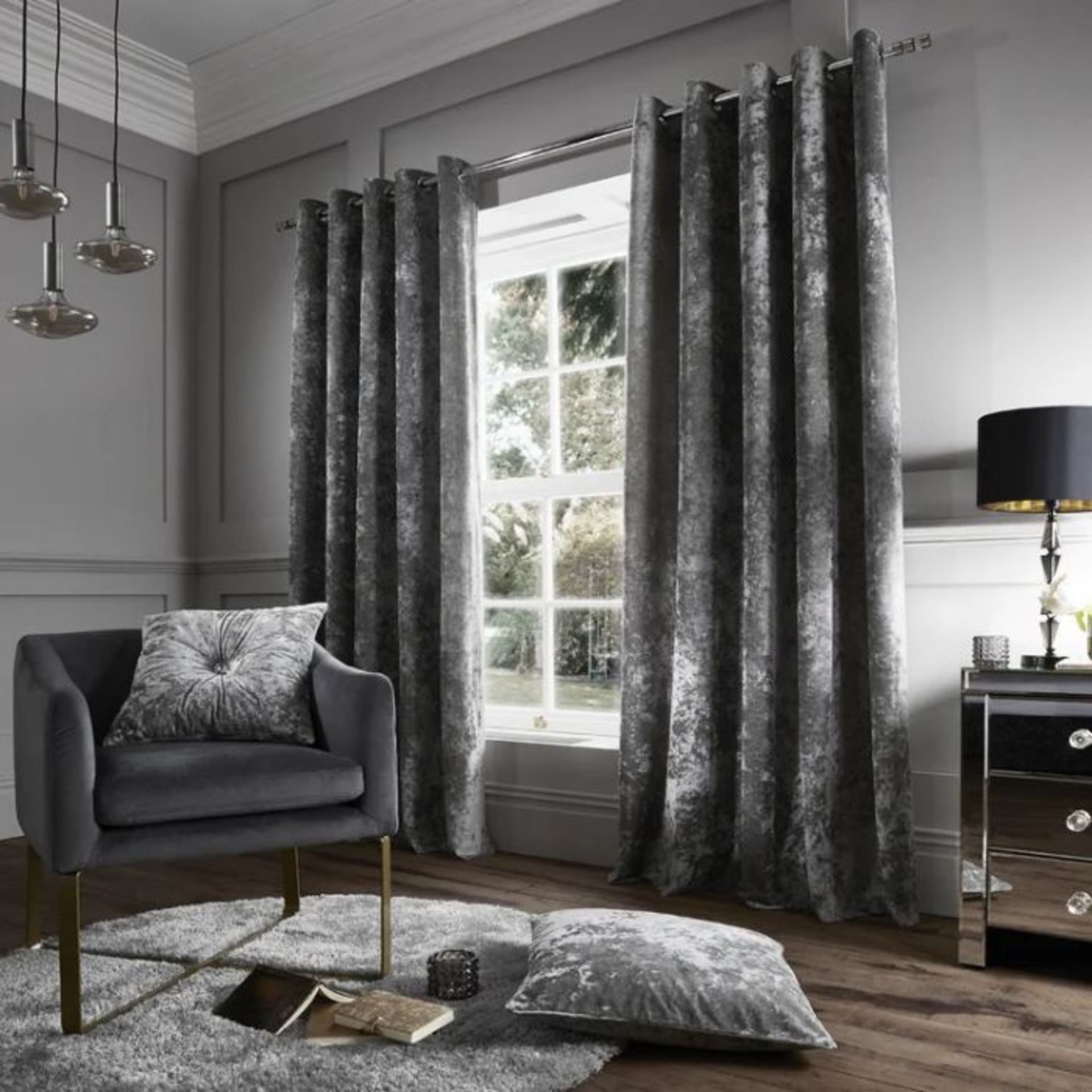 Mercer41, Whitaker Crushed Velvet Eyelet Room Darkening Curtains (CHARCOAL) (168 W x 183 D cm) -